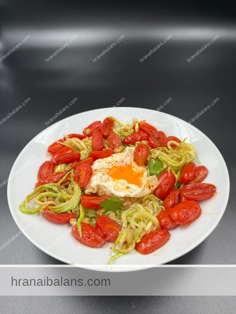 Спагети от тиквички с поширано яйце и карамелизирани домати – 3 БПВМ