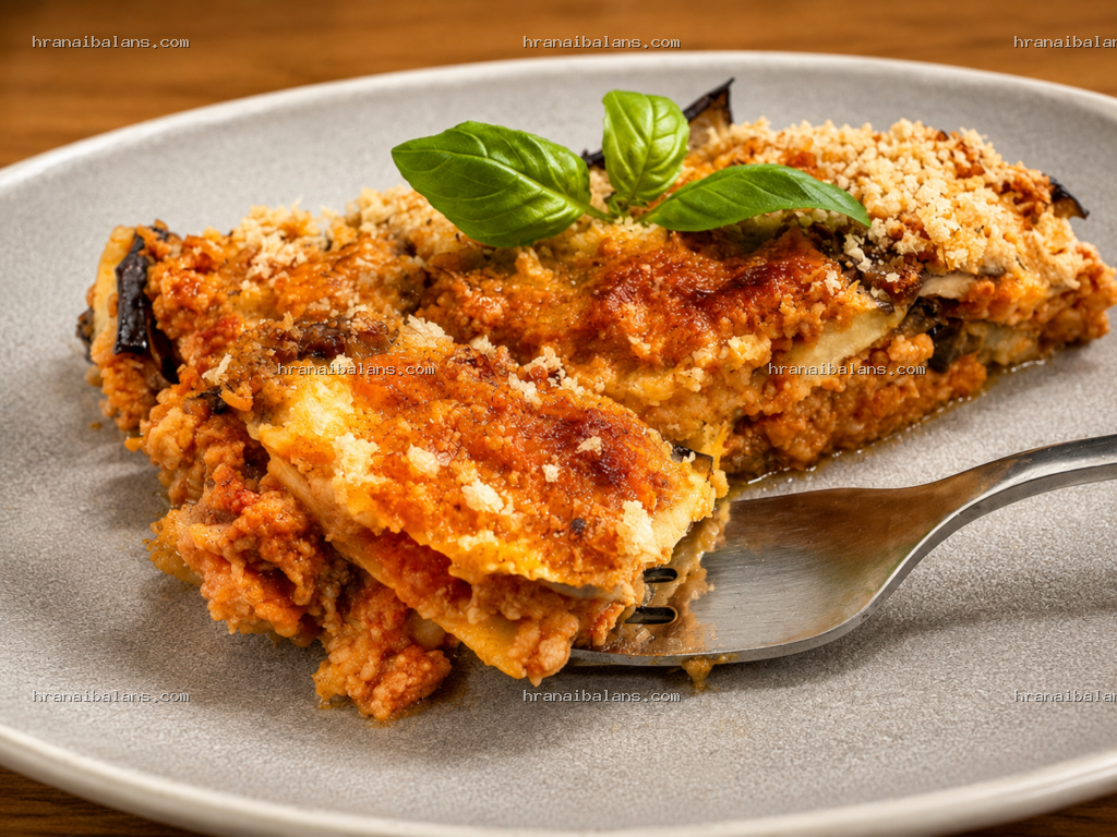 Chatgpt г - Храна и Баланс A slice of baked lasagna with meat sauce melted cheese and a crispy breadcrumb crust garnished with fresh basil on a gray plate