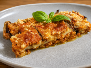 Slice of baked lasagna with a crispy breadcrumb crust and a fresh basil garnish on a gray plate